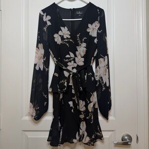 Lulu's Black and Cream Floral Long Sleeve Dress